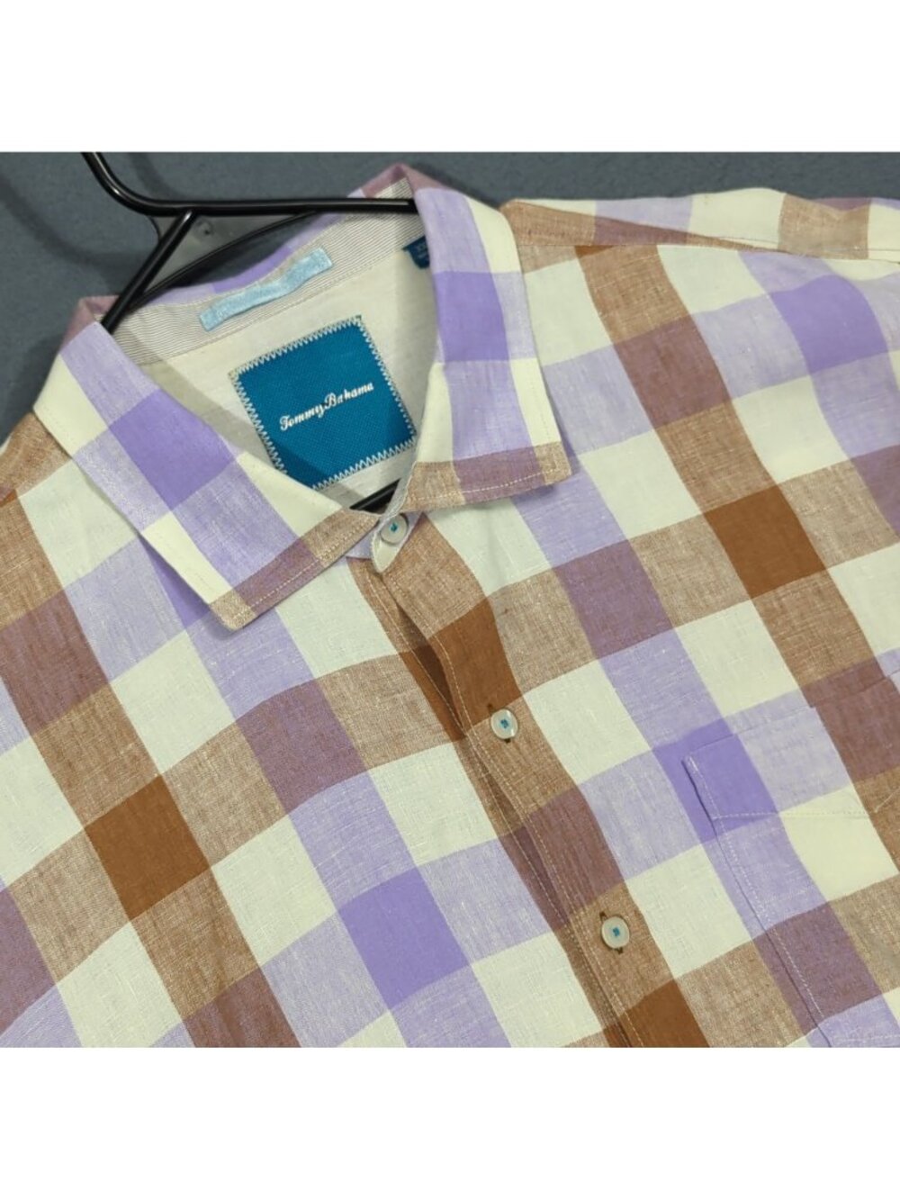 Tommy Bahama Shirt Men's XXL Purple Brown Plaid Linen Long Sleeve Button Up